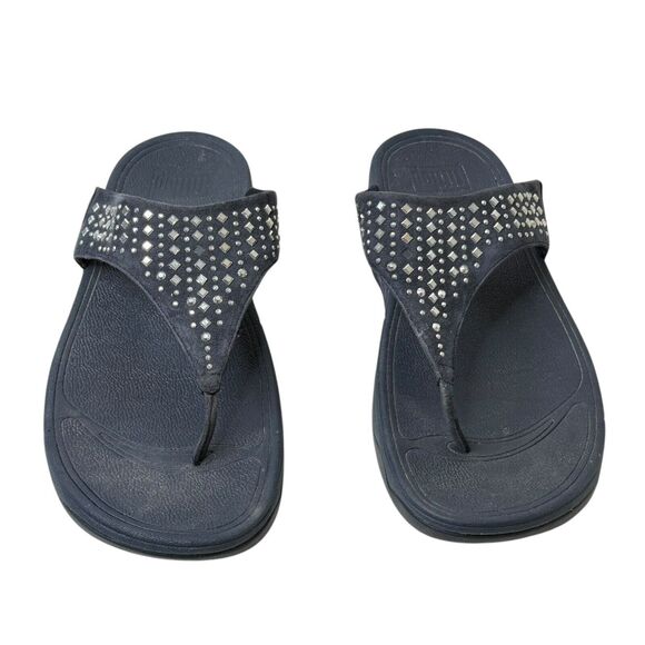 FitFlop Novy Suede Toe-Post Sandals Size 9 Blue Embellished Thong Wedge Comfort - Picture 2 of 8